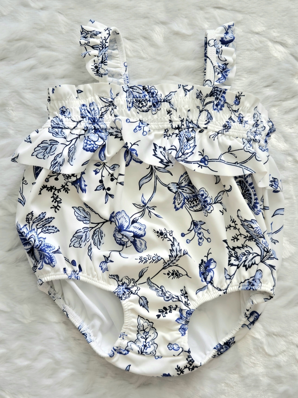 Janie and Jack White and Blue Floral Ruffle Swimsuit, Sz 12/18 Months